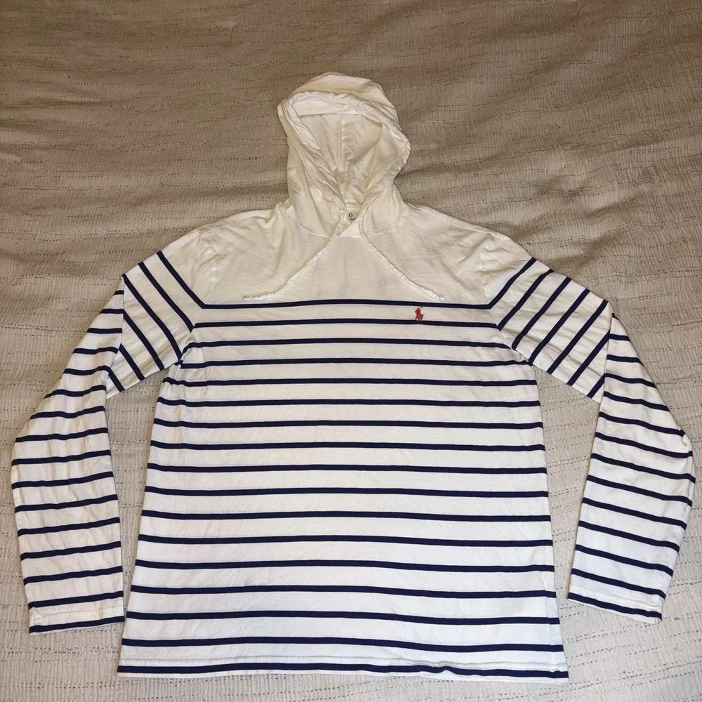 Polo Ralph Lauren Hooded Striped Shirt Mens Medium‎ White Blue Pony Logo Hoodie